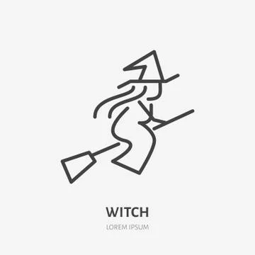 Witch flying on broomstick flat line icon. Halloween party magic sign. Thin Stock Illustration