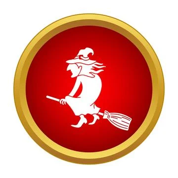 Witch flying on broomstick in red circle icon Stock Illustration
