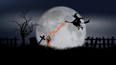 The witch is flying in the cemetery Stock Footage 81090632