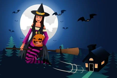 Witch Flying in Front of the Full Moon Stock Illustration