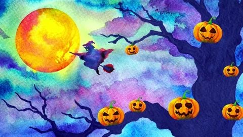 Witch flying in full moon night halloween party funny orange pumpkin light Stock Footage