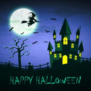 Witch flying on a magic broomstick over the spooky haunted castle Stock Illustration