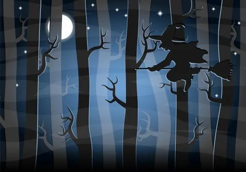 Witch flying at night through the forest Stock Illustration