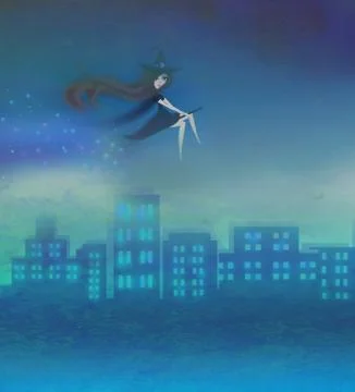Witch flying over the city Stock Illustration