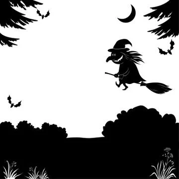 Witch flying over the forest, silhouette Stock Illustration
