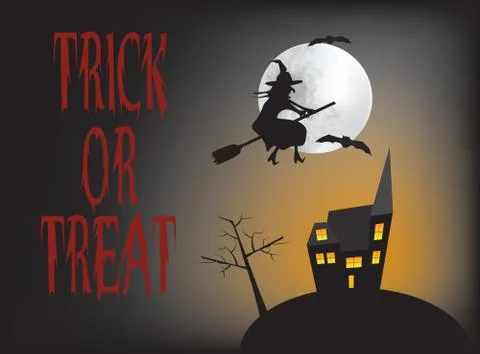 Witch flying over the house Stock Illustration