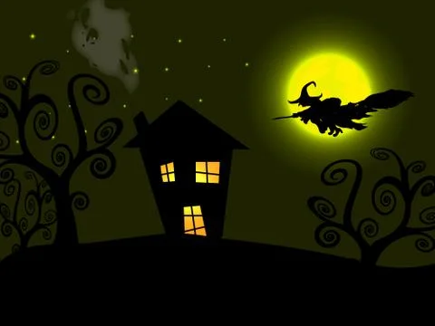 Witch flying over the moon Stock Illustration