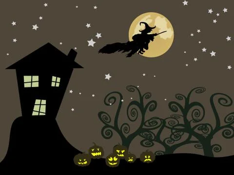 Witch flying over the moon Stock Illustration
