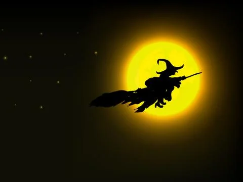 Witch flying over the moon Stock Illustration