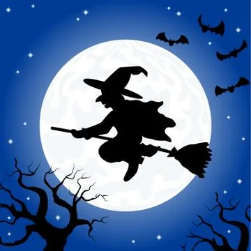 Witch flying over the moon Stock Illustration