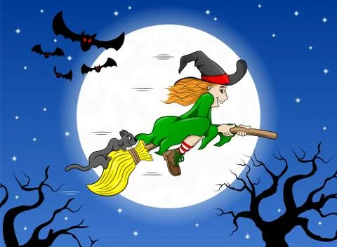 Witch flying over the moon Stock Illustration
