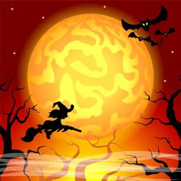 Witch flying over the moon Stock Illustration