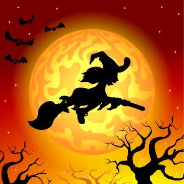 Witch flying over the moon Stock Illustration