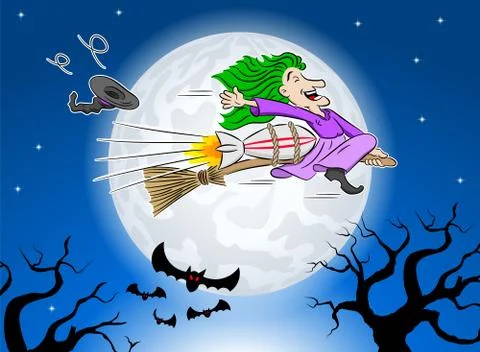 Witch flying over the moon Stock Illustration
