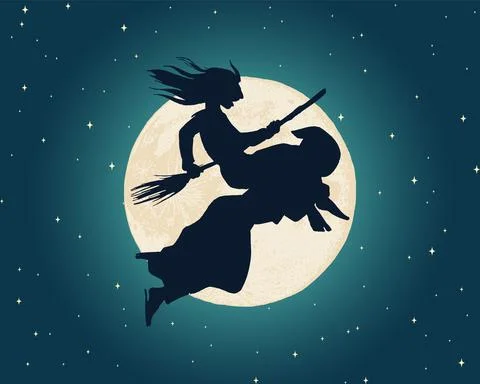 Witch flying over the moon in the night sky. Sorceress with a broomstick in Ilustração Stock