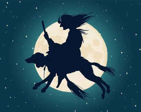 Witch flying over the moon in the night sky. Sorceress with a broomstick in Ilustração Stock