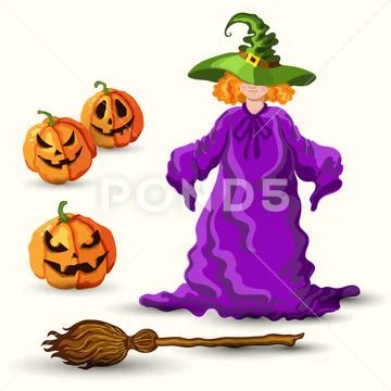 Witch in the green hat, broom and pumpkin lantern Stock Illustration
