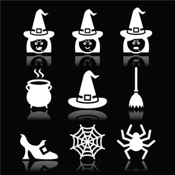 Witch Halloween vector icons set on black Stock Illustration