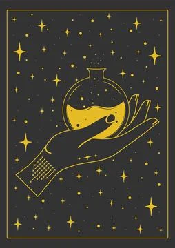 Witch hand holding potion bottle magic Halloween illustration Stock-Illustration