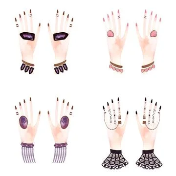 Witch hands set with manicure, rings and crystals. Clipart. Watercolor Stock Illustration
