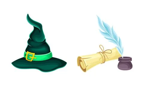 Witch hat and ancient paper scroll. Witchcraft objects set cartoon vector 스톡 일러스트