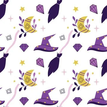 Witch hat and broom magic seamless pattern Illustrazione stock