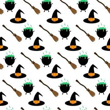 Witch hat and broom pattern Illustrazione stock