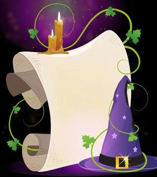 Witch hat and burning candles Stock Illustration