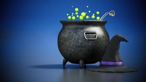 Witch hat and cauldron on dark blue background. 3D illustration Stock Illustration