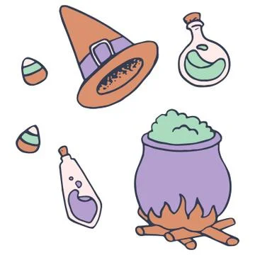 Witch hat and cauldron on white isolated backdrop Stock Illustration