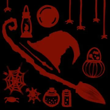 Witch Hat And Halloween Magic Objects Silhouette Illustration Illustrazione stock