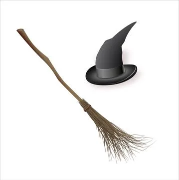 Witch hat and magic broom. Halloween stickers. Set of vector illustrations for Stock Illustration