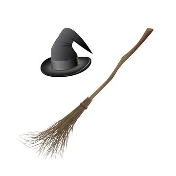 Witch hat and magic broom. Halloween stickers. Set of vector illustrations for Stock Illustration