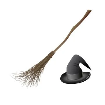 Witch hat and magic broom. Halloween stickers. Set of vector illustrations for Stock Illustration