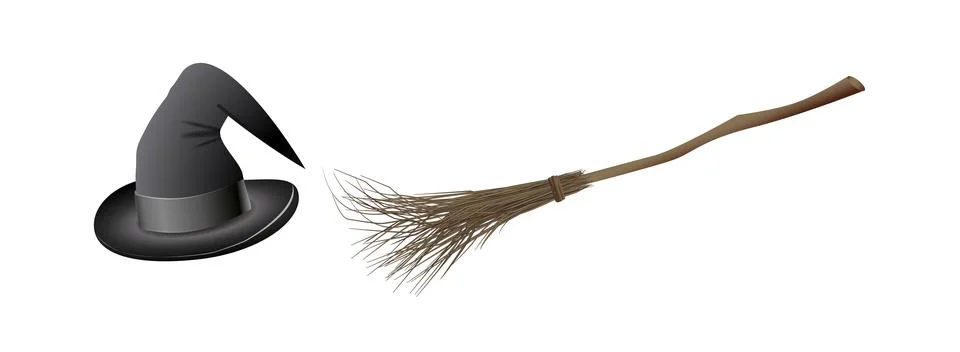 Witch hat and magic broom. Halloween stickers. Set of vector illustrations for Stock Illustration