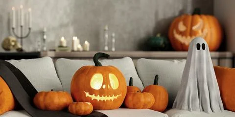 Witch Hat and Pumpkin Halloween Decor in Living Room 3D Render. Stock Illustration