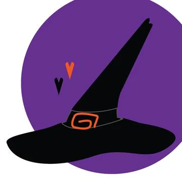 Witch hat on the background of a spot of purple color with elements in the shape 库存插图