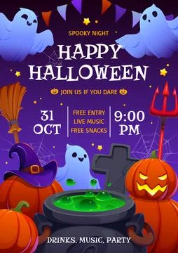 Witch hat, cauldron, Halloween night party flyer Stock Illustration