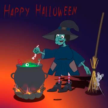 A witch in a hat cooks a magic potion for Halloween in a cauldron. A mouse is Stock Illustration