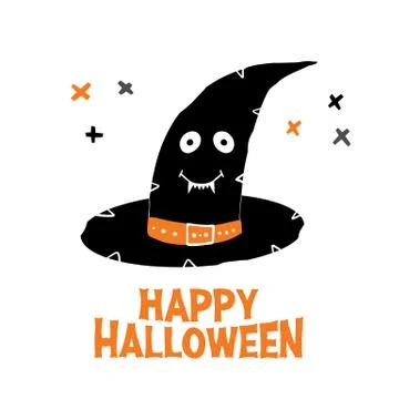 Witch hat with cute smiling face and Happy Halloween lettering and doodle cro Stock Illustration