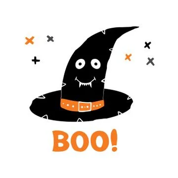 Witch hat with cute smiling face and boo word doodle cross elements. Holiday  Stock Illustration
