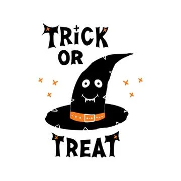 Witch hat with cute smiling face and Trick or treat lettering and doodle cros Stock Illustration