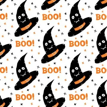 Witch hat with cute smiling face and boo word. Halloween seamless pattern. Is Stock Illustration