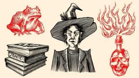 Witch in hat frog on books and poison bottle Wizardry and witchcraft elements 库存插图