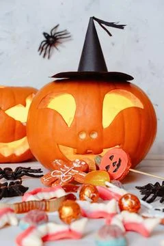 Witch Hat Jack-O'-Lantern Vomiting Halloween Candy Stock Photos