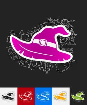Witch hat paper sticker with hand drawn elements Stock Illustration
