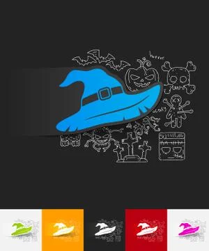Witch hat paper sticker with hand drawn elements Stock Illustration