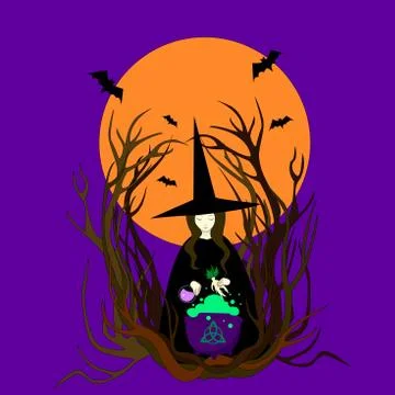 Witch hat preparing a magical potion. Halloween bats full moon mandrake cauld Stock Illustration