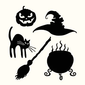 Witch hat, pumpkin lantern, cat, broom and cauldron stencil Stock Illustration