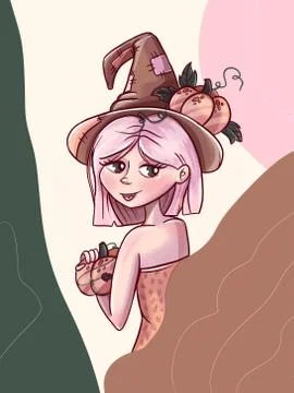 A witch in a hat with pumpkins for Halloween Stock Illustration